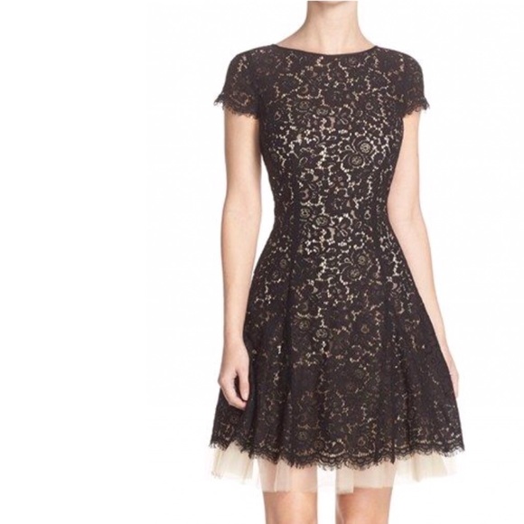 Eliza J Dresses & Skirts - Eliza J Fit & Flare Nude Tulle Black Lace Dress
